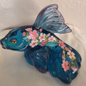 FENTON Glass Aqua Blue KOI signed by LISA VAN ES (HP) 2019 and Michael Fenton